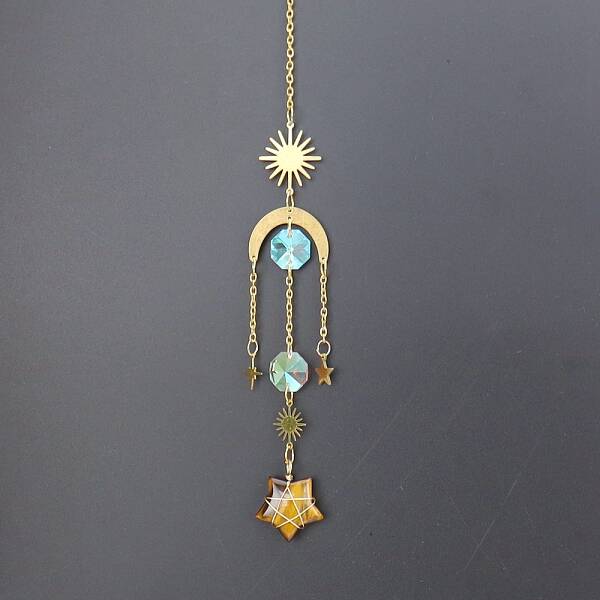 Natural Tiger Eye Star Sun Catcher Hanging Ornaments with Brass Sun