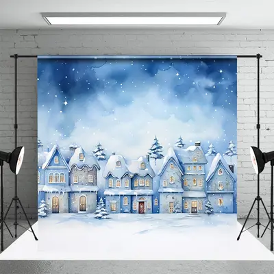 Snowy Field Town House Winter Photography Backdrop