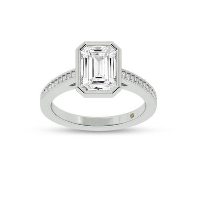 Lyra Pavé Set Half Coverage Bezel Emerald Cut Lab Grown Diamond Engagement Ring | 10K White Gold 1 5/8 CT. TW.