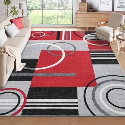 Garvee Modern Red 8x10 Geometric Area Rug with Non-Slip Backing, Washable Stain-Resistant Faux Wool, Foldable Thin Carpet for...