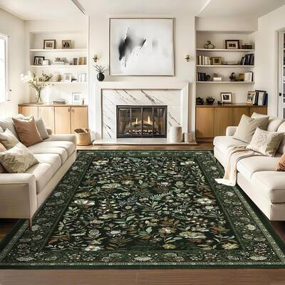Garvee Moss Green Living Room Rug 5x7 Washable Floral Area Rug Non-Slip Low Pile Soft Carpet for Bedroom Dining Room Home Off...