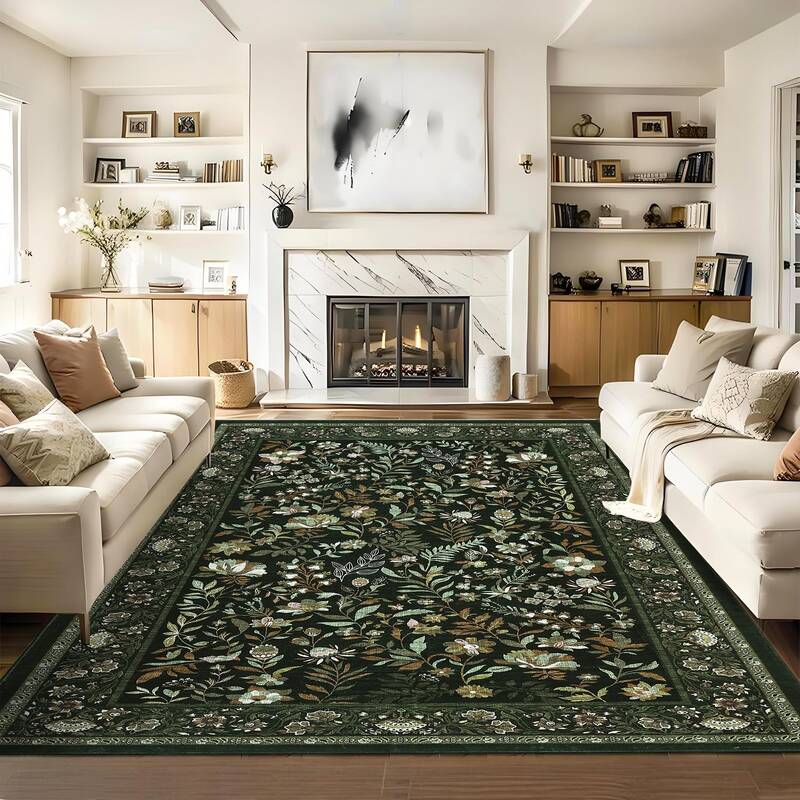Garvee Moss Green Living Room Rug 5x7 Washable Floral Area Rug Non-Slip Low Pile Soft Carpet for Bedroom Dining Room Home Off...
