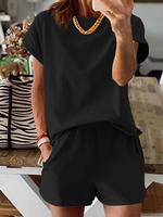 Women's Solid Co-ord Set, Lady Casual Short Sleeve Tee & Elastic Waist Shorts Set, Back-to-school Clothing, Women's Summer Cl...