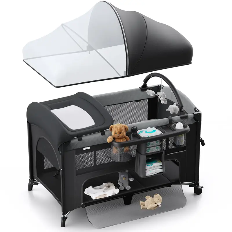 BabyBond Baby Crib 5 in 1 Foldable Baby Bassinets Bedside Sleeper,Large Playard Pack with Mattress, Storage Basket and Mosqui...