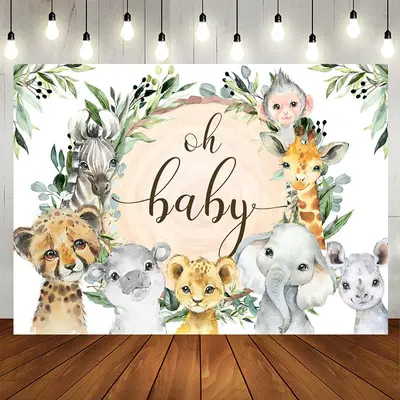 Aperturee Oh Baby Jungle Animals Green Baby Shower Backdrop