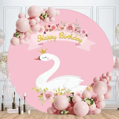 Aperturee Pink Floral White Swan Round Birthday Backdrop