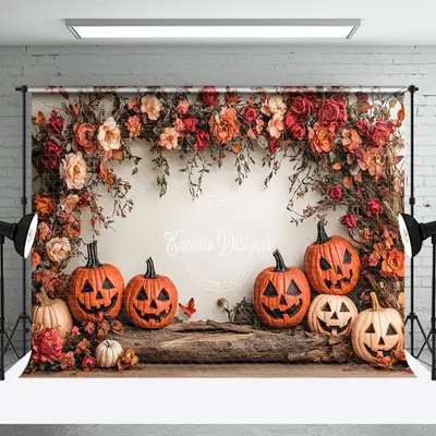 Aperturee Red Pink Floral Trunk Pumpkins Halloween Backdrop - Aperturee