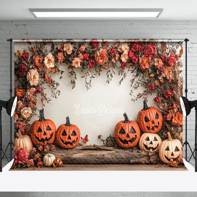 Aperturee Red Pink Floral Trunk Pumpkins Halloween Backdrop - Aperturee