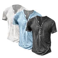 Runcati Mens Distressed Henley Shirts Retro Short Sleeve Tee Shirts Casual Button Down Washed T-Shirts for Men Cotton Tops Me...