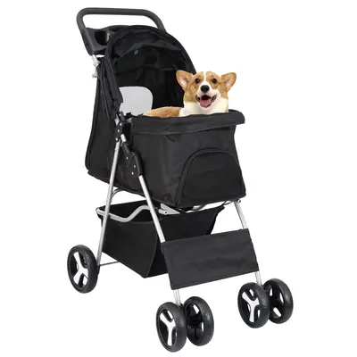 Pet Republic 4 Wheel Pet Dog Stroller Foldable Carrier Strolling Cart for Small Dog Cat W/Storage Basket & Cup Holder, Black