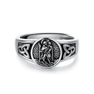 Sterling Silver with Black Rhodium Color Saint Christopher Open Ring