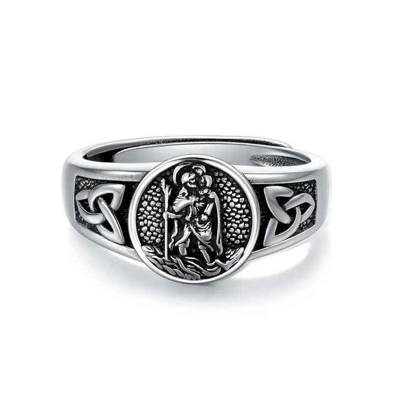 Sterling Silver with Black Rhodium Color Saint Christopher Open Ring