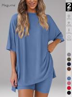 Women's Solid Color Tee & Skinny Shorts Loungewear Set, Casual Minimalist Comfy Round Neck T-shirt & Shorts Pj Set, Ladies Sl...