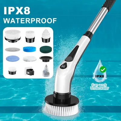 PRASKY IPX8 Electric Spin Scrubber – Cordless Shower & Pool Cleaning Brush with 9 Replacement Heads, 4 Adjustable Handles f...
