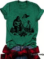 Women's Gorilla & UFO Print Round Neck Tee, Casual Fashion Short Sleeve T-shirt for Summer, Ladies Clothes for Daily Wear