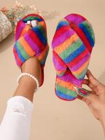 Women's Rainbow Stripe Pattern Plush Slippers, Gifts for Girlfriend, Casual Soft Comfortable Home Slippers, Fur Slippers, Hou...