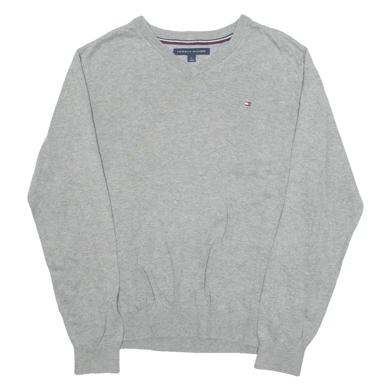 TOMMY HILFIGER Mens Jumper Grey V-Neck Tight Knit M
