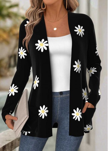 Modlily Black Tummy Coverage Floral Print Long Sleeve Coat - XXL