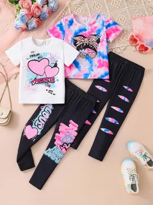 Girl's Tee & Elastic Waist Pants Set, Casual Round Neck Short Sleeve T-shirt & Trousers Set for Daily Wear, Kids Summer Cloth...