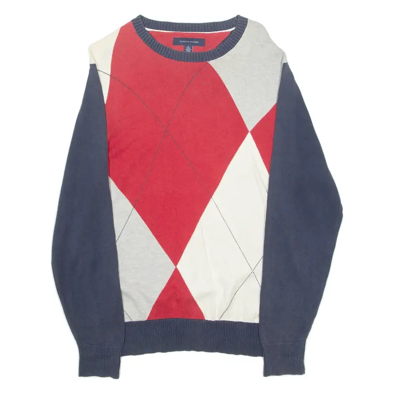 TOMMY HILFIGER Mens Patterned Jumper Red Argyle Tight Knit M