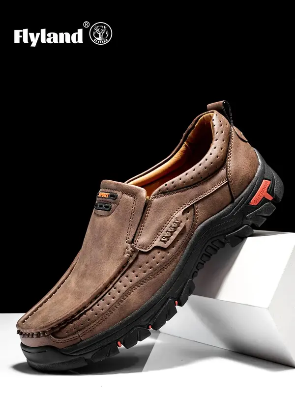 Men's Fashion Vintage Letter Patched Design Hand Stitching Soft Business Casual Leather Shoes, Retro Loafers Work Shoes