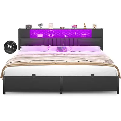 Homieasy King Size Bed Frame with Upholstered Storage Headboard and Charging Station, Luxury Cool Smart King Bed with LED Lig...
