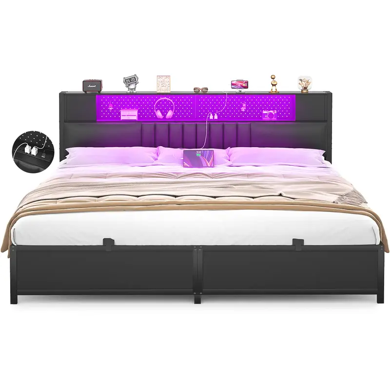 Homieasy King Size Bed Frame with Upholstered Storage Headboard and Charging Station, Luxury Cool Smart King Bed with LED Lig...