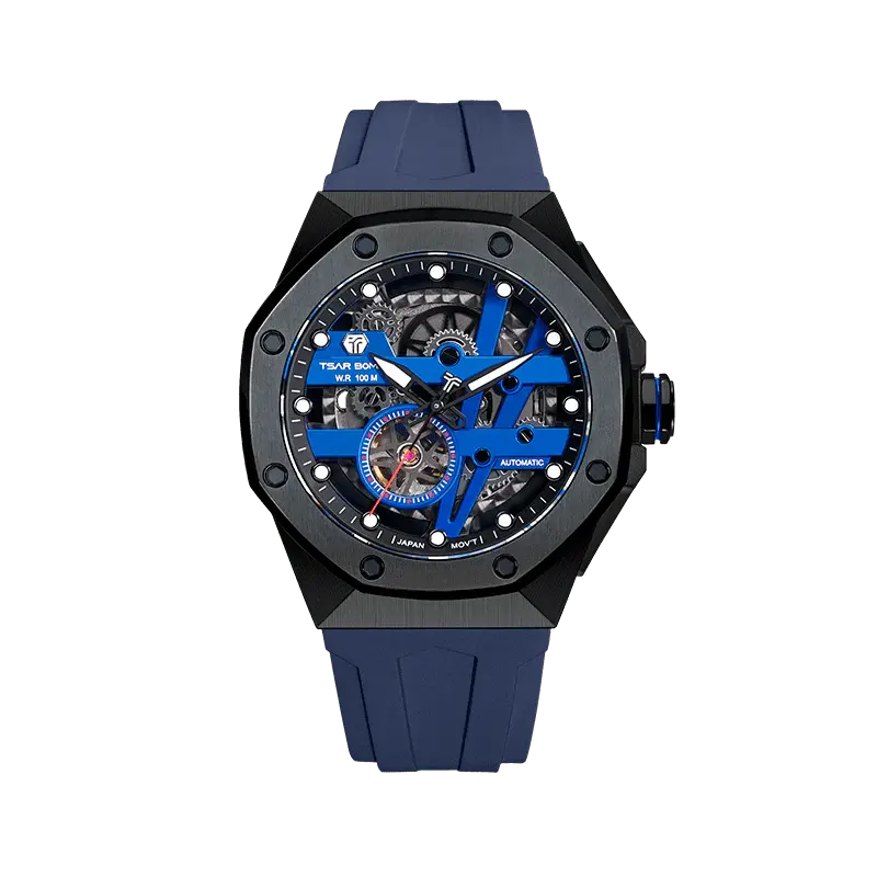 TSAR BOMBA Elemental Series Blue Men's Automatic Mechanical Watch 閳ワ拷Stainless Steel Bezel & Case, Skeleton Dial, Sapph...