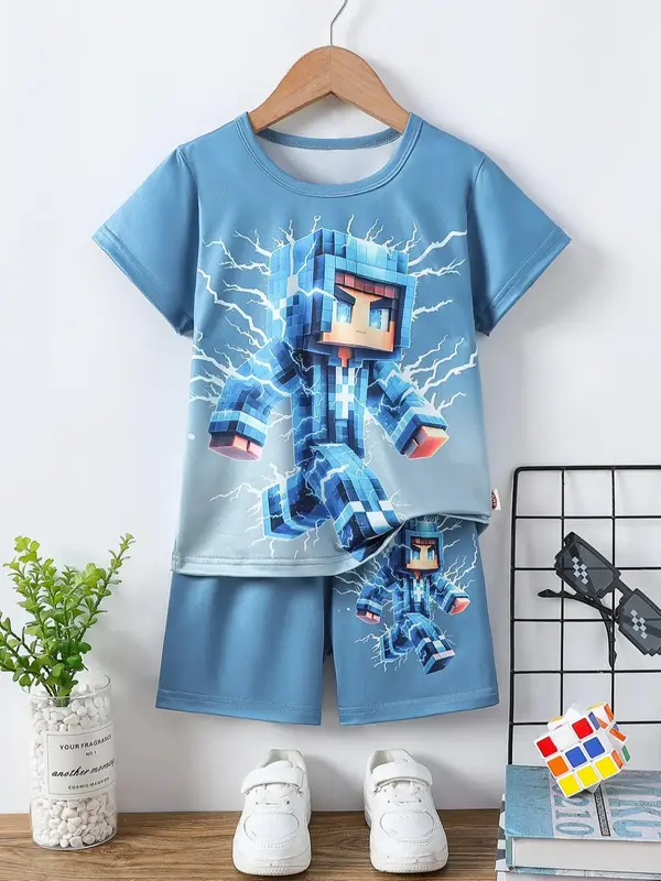 Two-Piece Set Boy's Short Sleeve Tee & Elastic Waist Shorts, Children Casual Round Neck T-shirt & Shorts, Kids Summer Clothes...