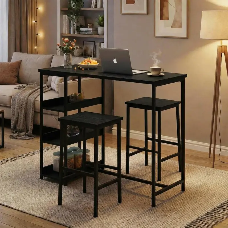 Garvee Bar Table Chair Set with 2 Bar Stools and Industrial Iron Frame  Wood Top, Storage Shelf for Apartments & Studios, Bla...