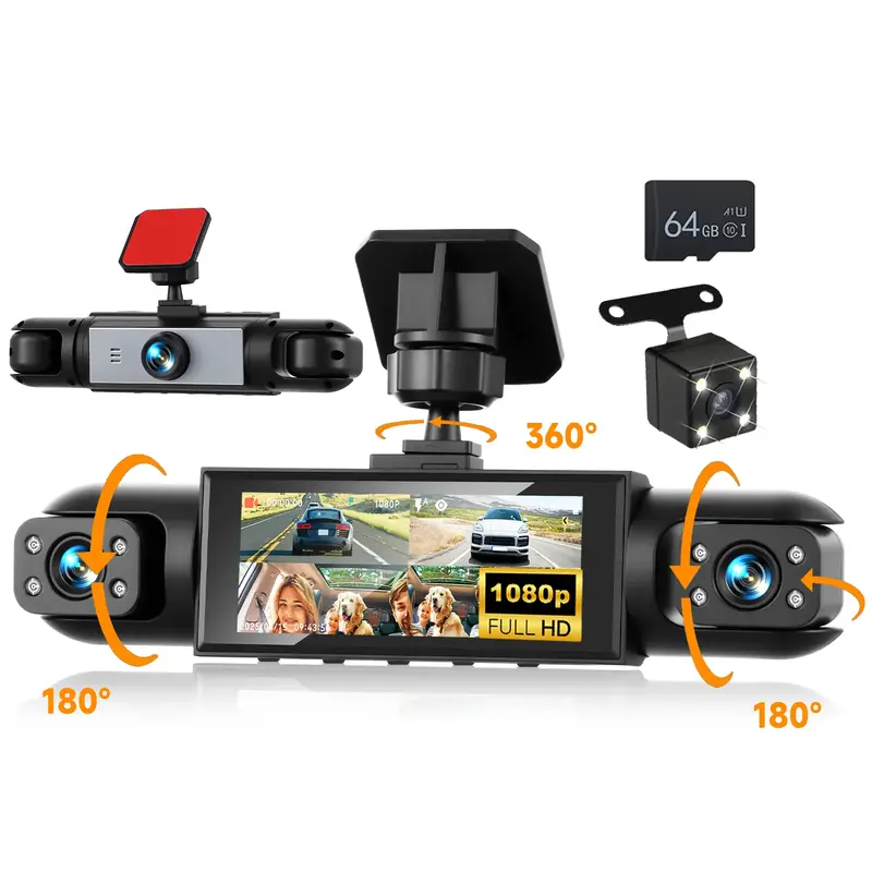 【Roinvou】360 Degree View 4 Channel Dashcam, 1 Count Dash Camera for Car, Wide Angle Car Driving Recorder with 8 IR Night-...