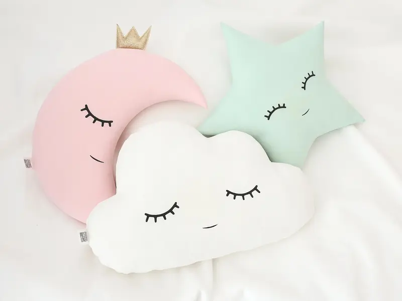 Set of 3 Pillows - White Cloud, Pale Pink Crescent Moon and Green Mint Star Pillows
