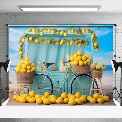 Blue Bicycle Cupboard Lemons Blue Sky Photo Backdrop - Aperturee
