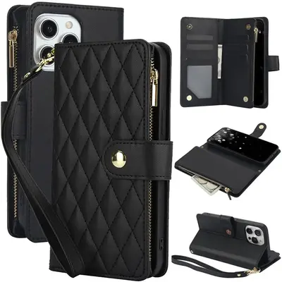 Faux Leather Solid Color Phone Case with Card Slot & Lanyard, 1 Count Drop-resistant Phone Protective Case for iPhone 11 12 1...