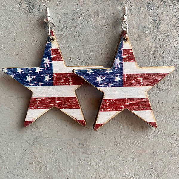 Flag Color Star Wood Dangle Earrings