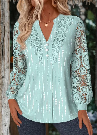 Modlily Mint Green Tummy Coverage Geometric Print Long Sleeve Shirt - M