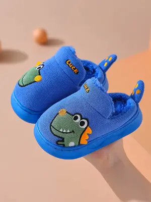 Cute Baby Dinosaur Plush Slippers for Boys & Girls, Anti-Slip Knitted Indoor Shoes for Autumn Winter Home Wear, Soft Textile ...