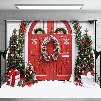Aperturee Winter Brick Wall Wreath Red Door Christmas Backdrop - Aperturee