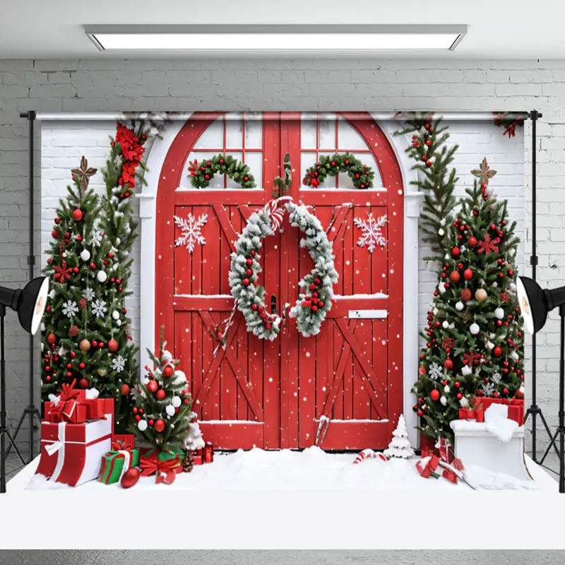 Aperturee Winter Brick Wall Wreath Red Door Christmas Backdrop - Aperturee