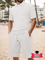 Two-Piece Set Men's Solid Jacquard Polo Shirt & Drawstring Waist Shorts Set, Regular Fit Casual Short Sleeve Collared Top & P...