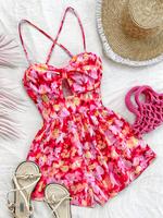 Women's Floral Print Cut Out Romper, Casual Sleeveless Romper for Summer, Fashion Bohemian Women's Clothes for Beach Holida...