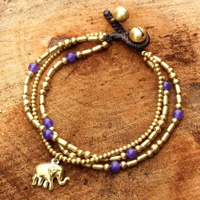 NOVICA Purple Elephant Charm Brass Bracelet Purple-color Gems Beaded Jewelry