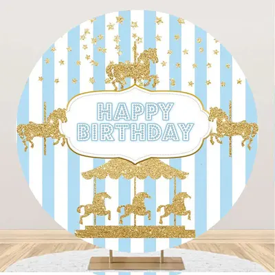 Circus Gold Carousel Stripes Round Birthday Backdrop - Aperturee