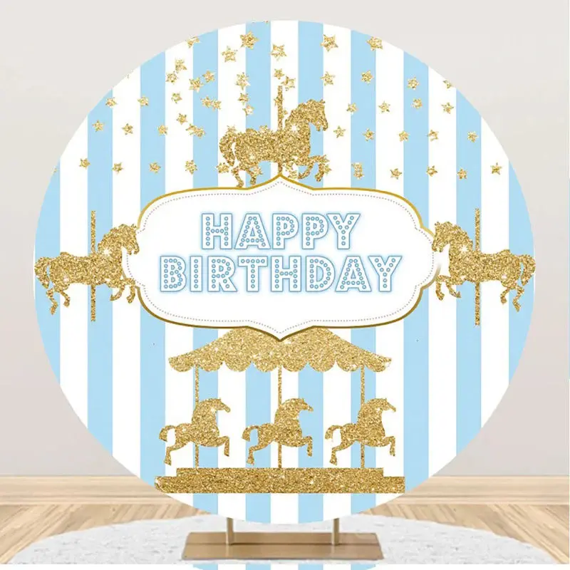 Circus Gold Carousel Stripes Round Birthday Backdrop - Aperturee
