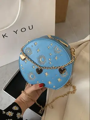 Women's Star & Moon Pattern Design Small Round Bag As Gift, New Trendy Heart-shaped Pendant Chain Decorated Circle Bag, Elega...