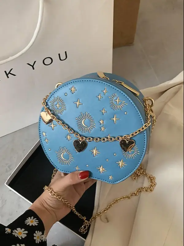 Women's Star & Moon Pattern Design Small Round Bag As Gift, New Trendy Heart-shaped Pendant Chain Decorated Circle Bag, Elega...