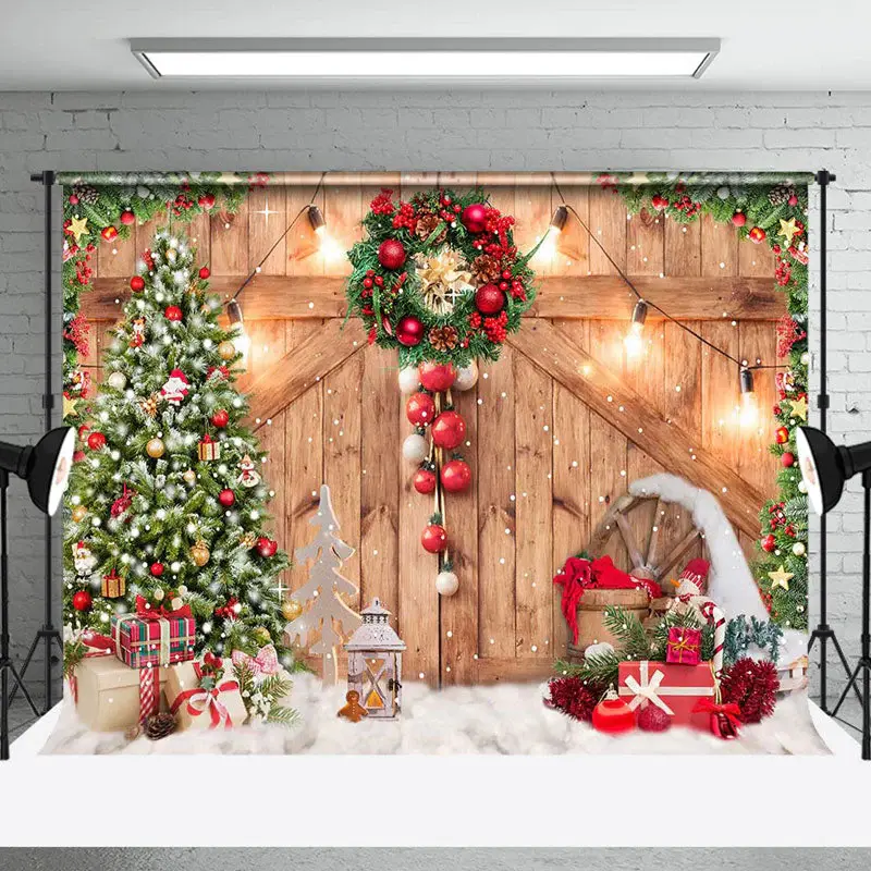 Aperturee Wooden Door Pine Trees Gift Christmas Photo Backdrop - Aperturee