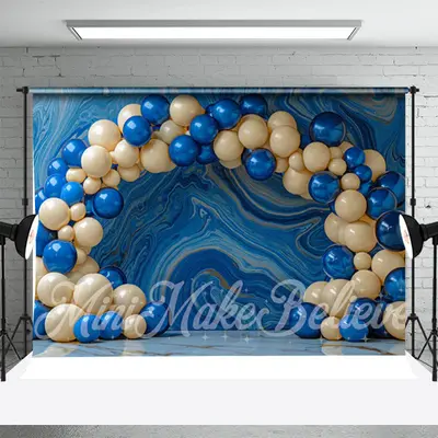 Abstract Wall Beige Blue Balloon Cake Smash Backdrop - Aperturee