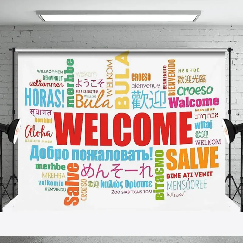 Colorful Various Languages Welcome Backdrop For Party