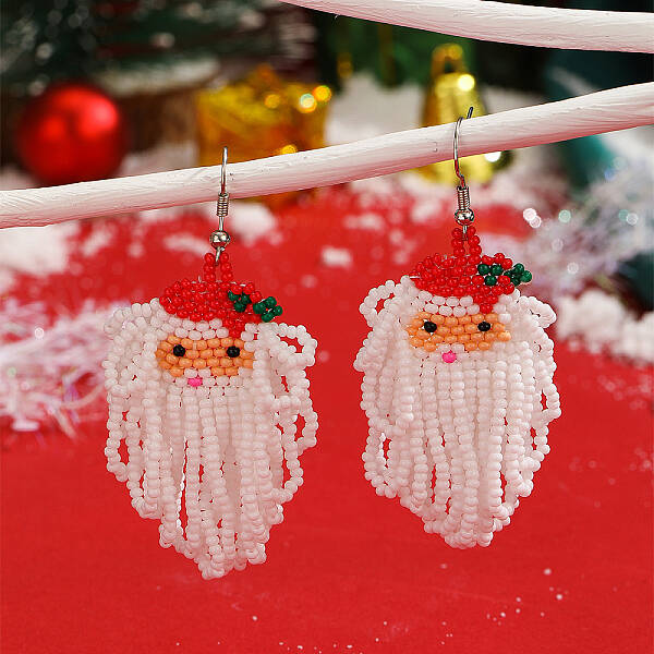 Christmas Style Santa Claus Glass Bead Hand-woven Dangle Earrings for Women